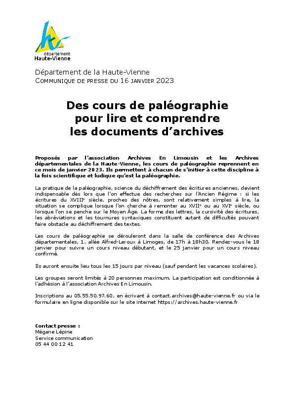 Conseil départemental de la Haute-Vienne: Des cours de paléographie ...